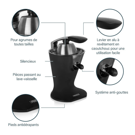 Princesse Presse-agrumes – Levier de pression – 300 W – Acier inoxydable – Noir mat – Facile à nettoyer – 201857