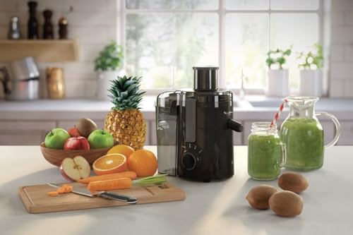 Moulinex Frutelia Plus Centrifugeuse, 950 ml, 350 W, 2 vitesses, Goulot 6 cm, Filtre inox, Compact, Jus maison de fruits et légumes JU370810, Noir