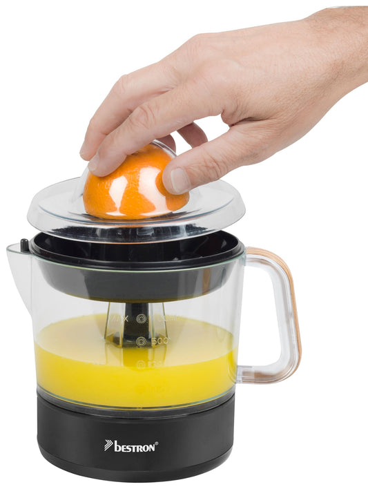 Bestron Presse-oranges et agrumes électrique, Inclut 2 cônes de pressage et un couvercle pour préserver l'arôme, Moteur à deux sens de rotation (gauche/droite), Capacité: 0.7 Litre, Couleur: Noir/Bois