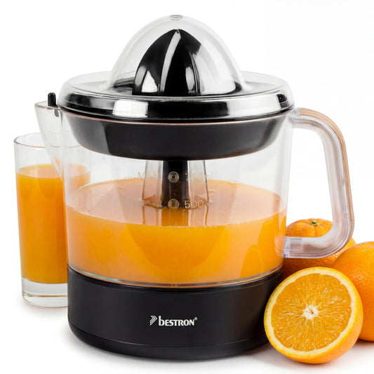 Bestron Presse-oranges et agrumes électrique, Inclut 2 cônes de pressage et un couvercle pour préserver l'arôme, Moteur à deux sens de rotation (gauche/droite), Capacité: 0.7 Litre, Couleur: Noir/Bois