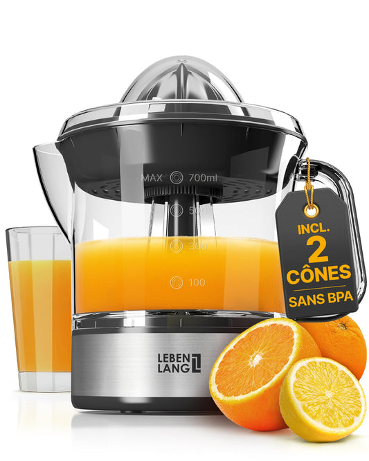 LEBENLANG Presse agrume electrique - 2 cônes & sans BPA I Haut rendement en jus I 700ml presse agrumes electriques I Presseur fruits automatiquePresse-agrumes de jus d'orange machine